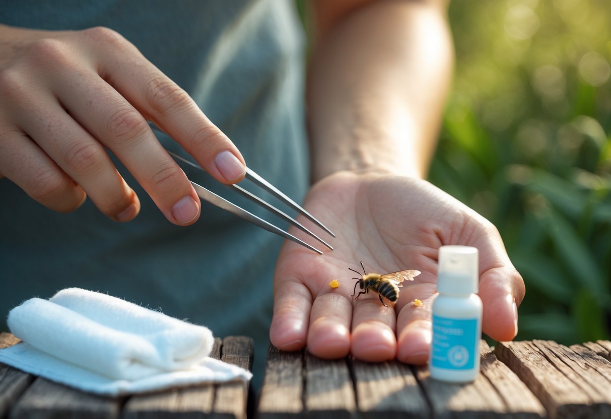 A person removing a bee sting from their hand with tweezers next to a first aid kit outdoors.