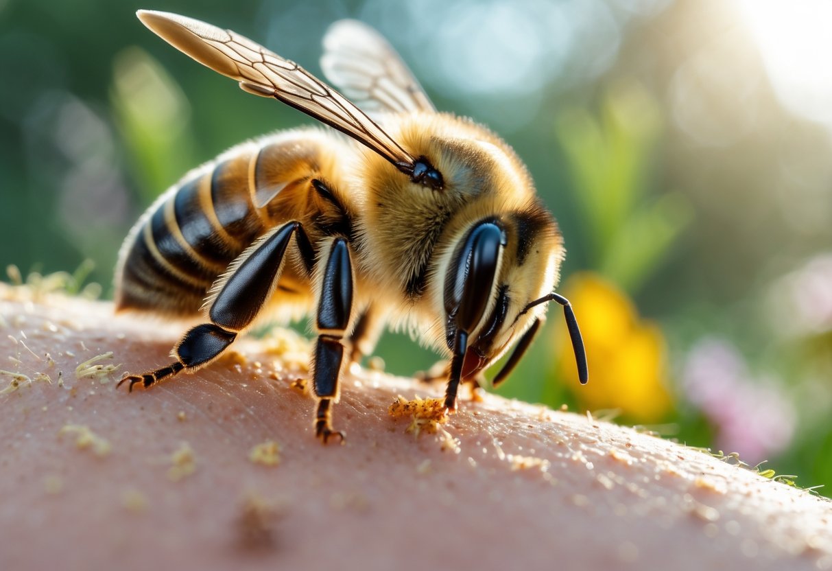 Close-up of a honeybee biting human skin with slight redness and irritation.