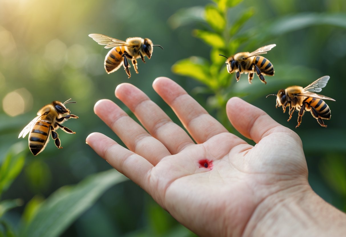Close-up of a hand with a small red bite mark surrounded by different types of bees outdoors.