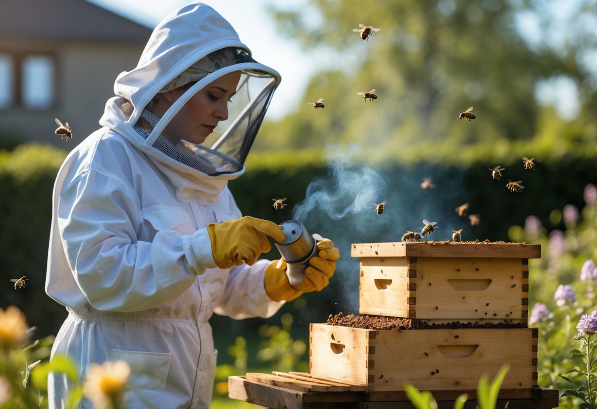 A person in protective beekeeper clothing using a bee smoker near a beehive outdoors with bees flying around.