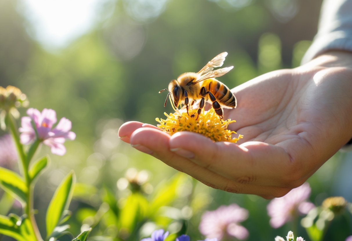 A close-up of a hand gently holding a honeybee outdoors with flowers and greenery in the background.