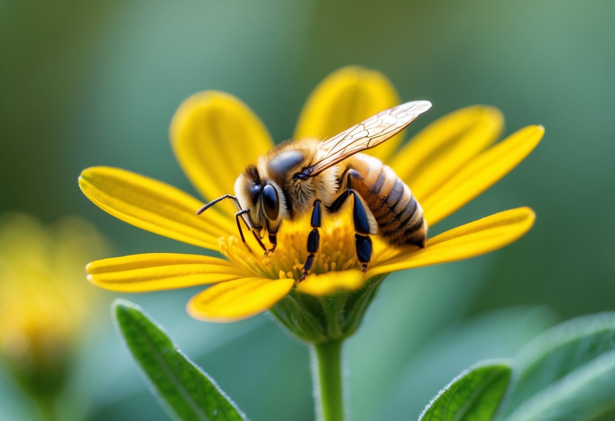 A small honey bee sitting on a yellow flower with green leaves in the background.