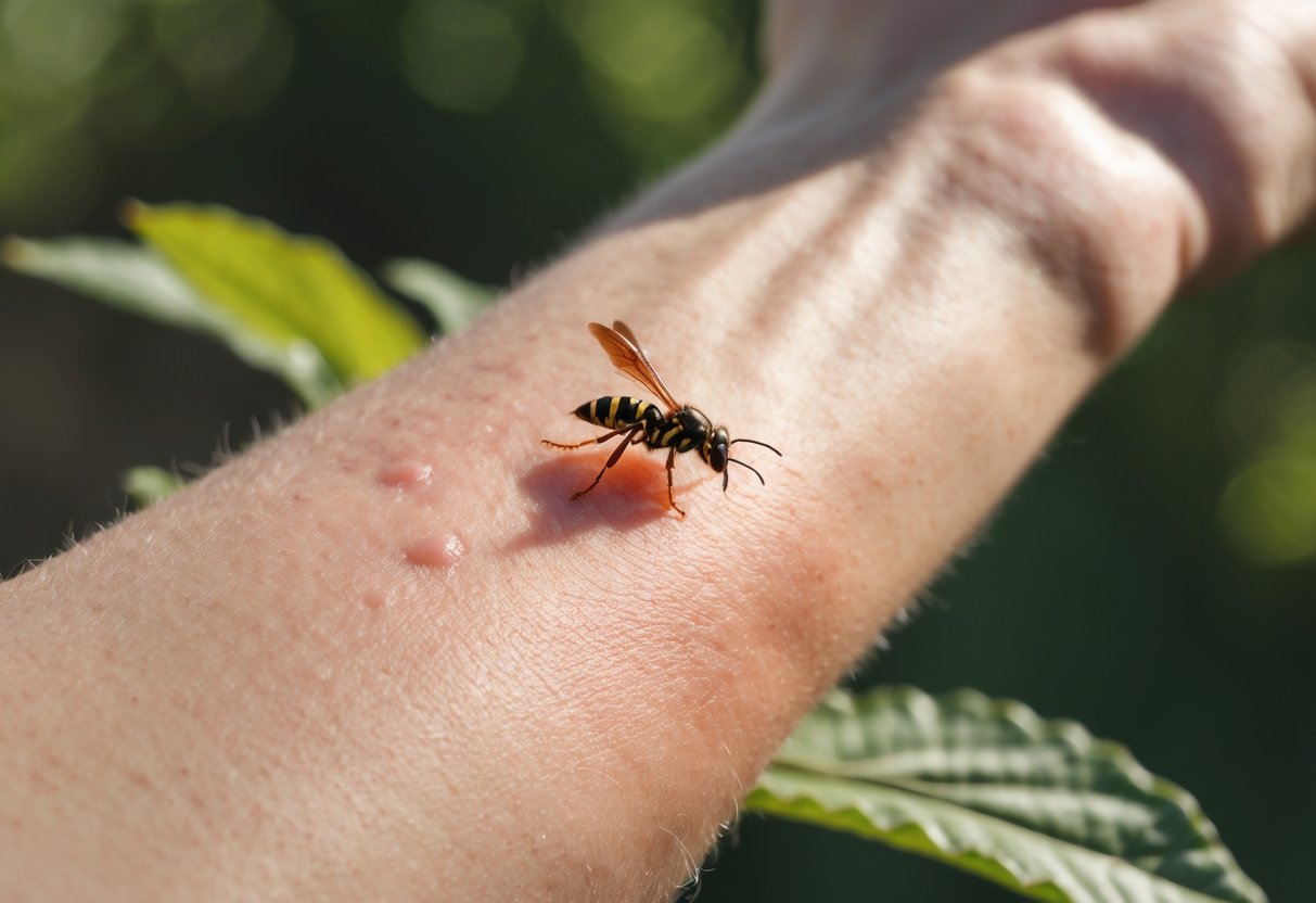 Close-up of a forearm with mild redness and swelling from a wasp sting, with a wasp on a leaf nearby.
