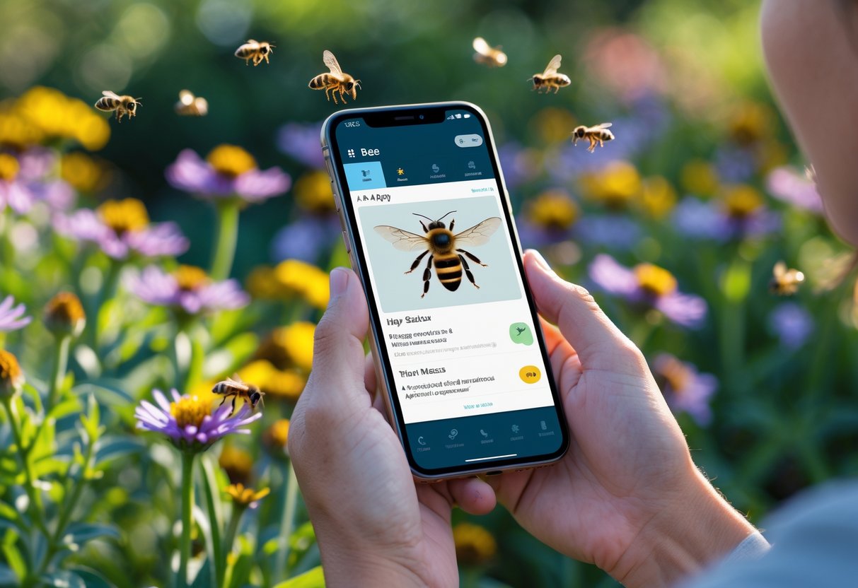 A person holding a smartphone outdoors with bees flying around colorful flowers.