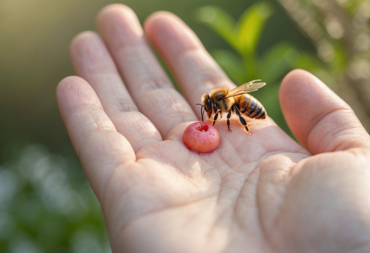 A close-up of a hand with a small red swollen area and a bee resting nearby on the skin.