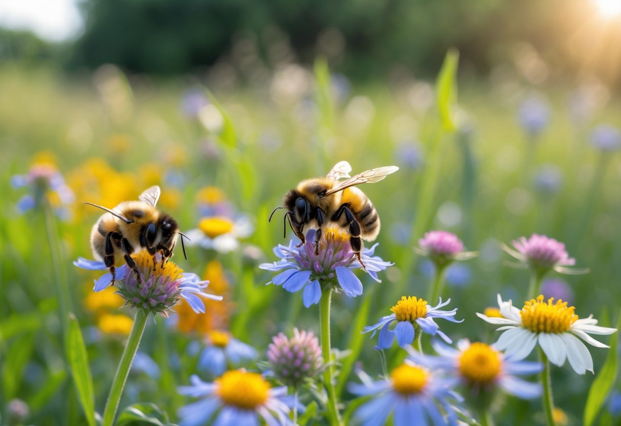 Close-up of several bumblebees resting on wildflowers in a green meadow.