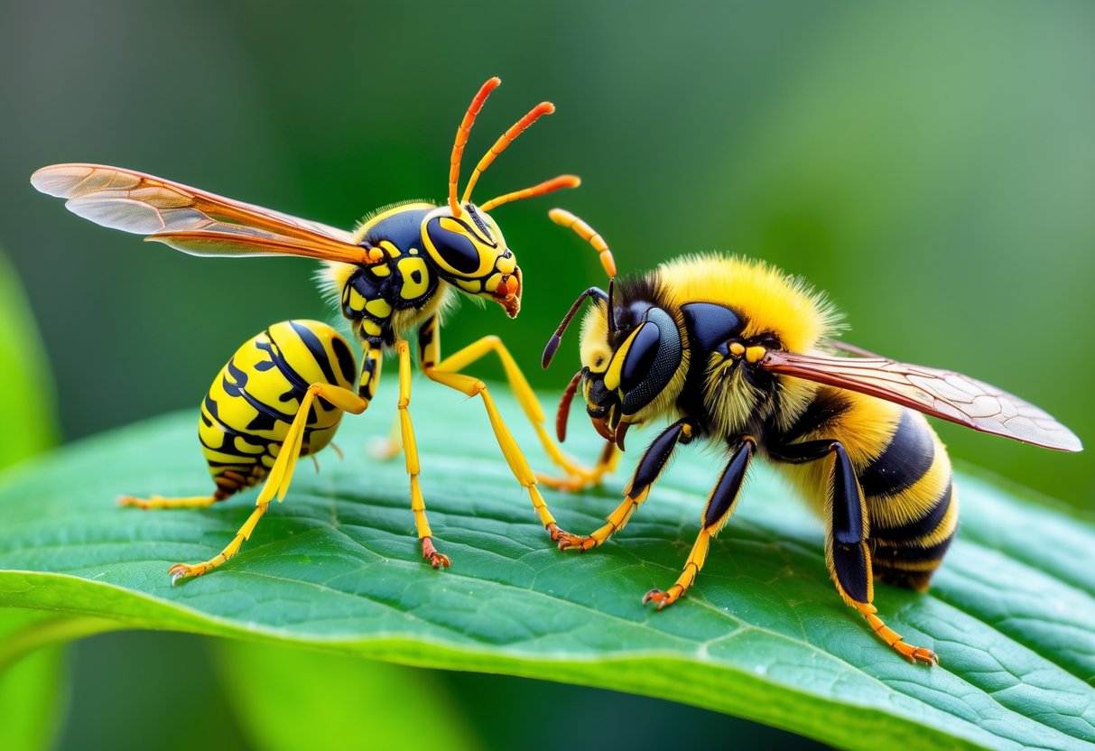 Close-up of a wasp and a bee side by side on a green leaf showing their physical differences.