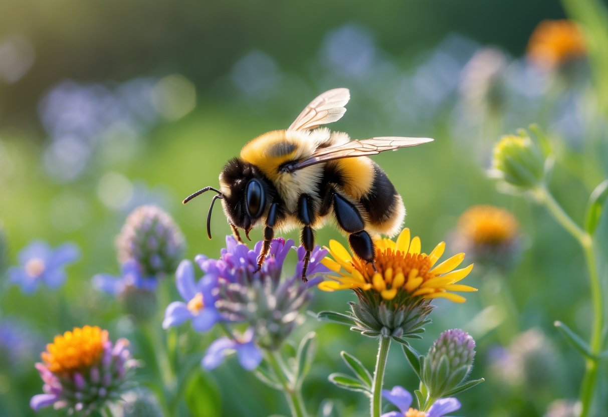 Close-up of a bumblebee resting on a colorful flower in a green garden.