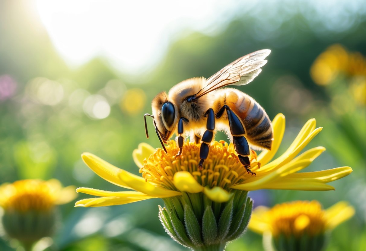 A honeybee resting on a yellow flower in a garden with green plants in the background.