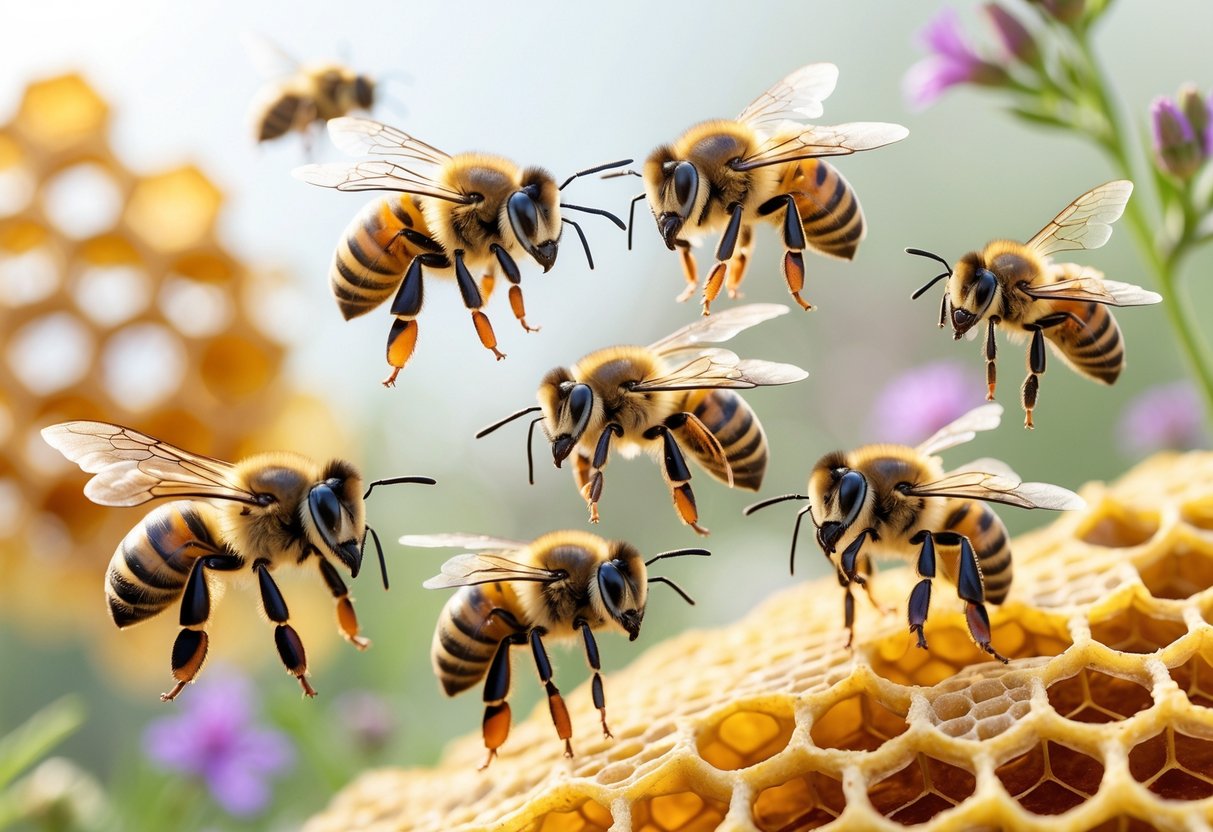 Close-up view of different types of bees including a queen bee, worker bees, and drones in a natural setting with honeycomb and flowers.