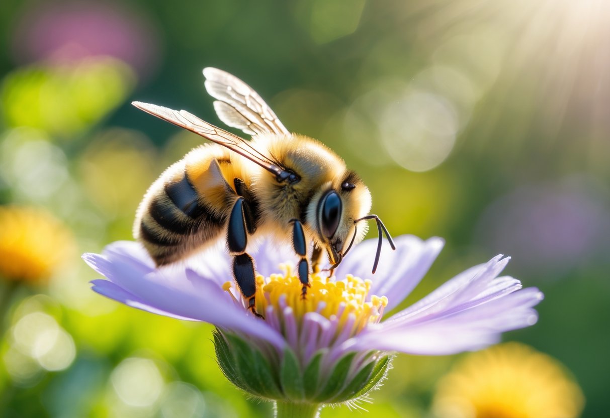 A close-up of a small bee resting on a colorful flower in a sunlit garden.