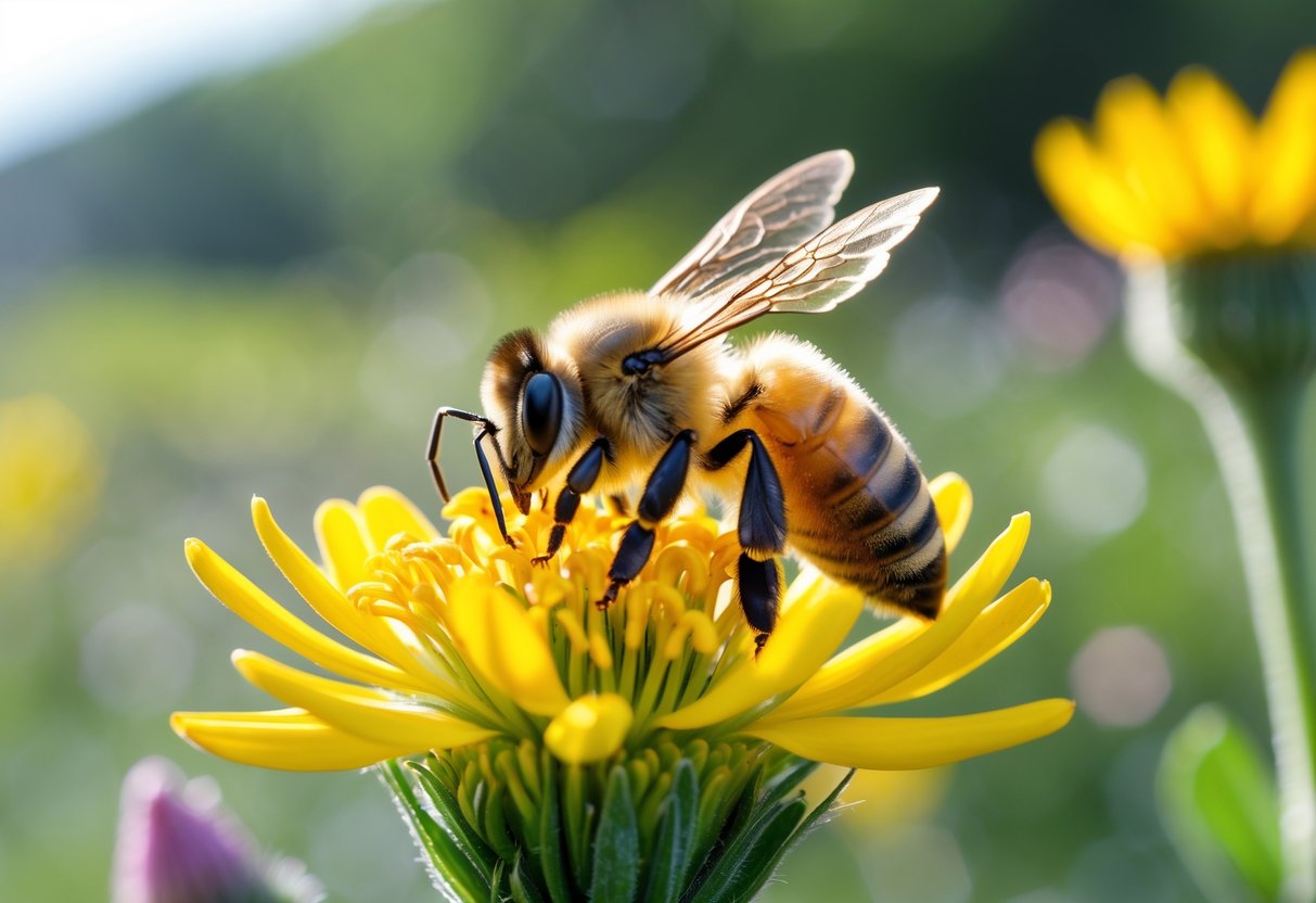 A close-up of a honeybee on a yellow flower collecting nectar in a natural outdoor setting.