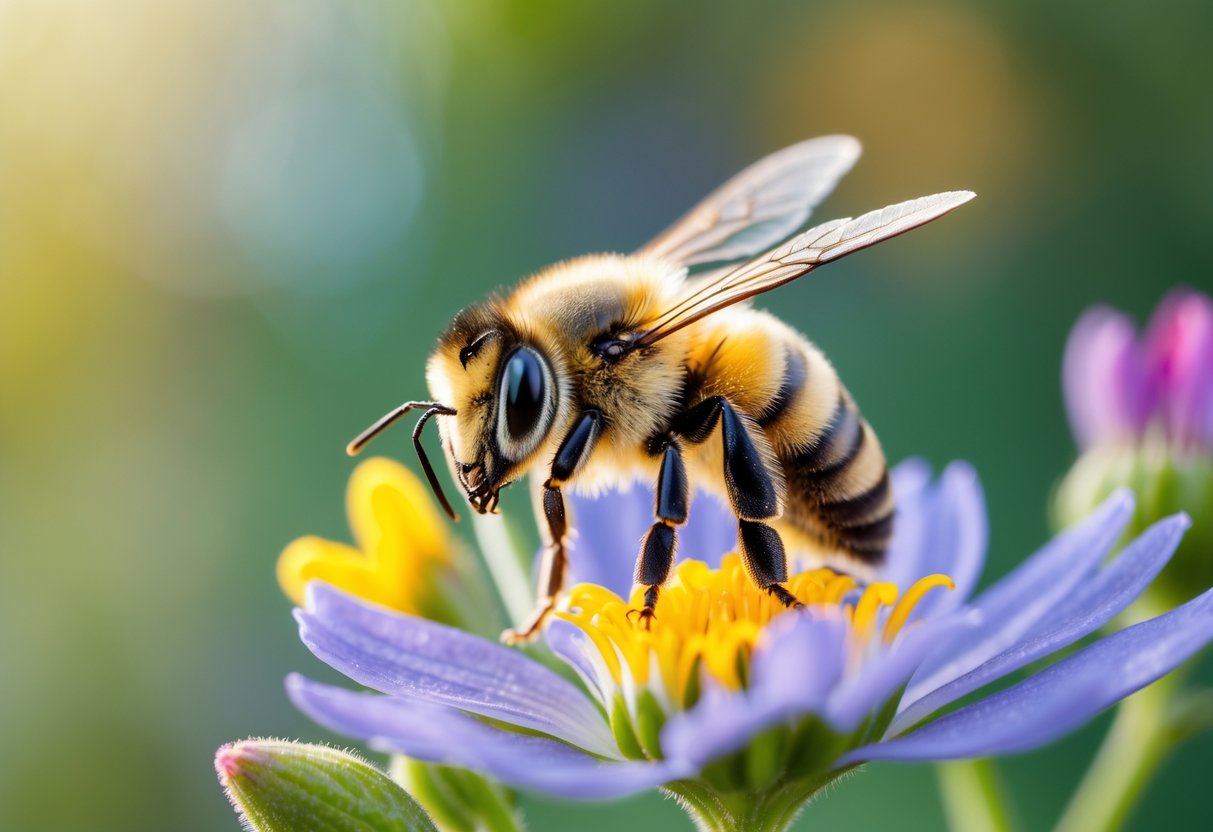 A small bee resting on a colorful flower surrounded by green leaves.