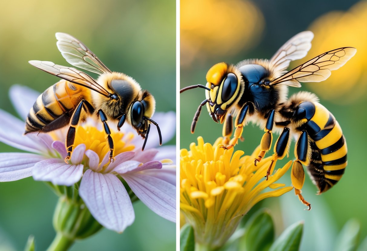 Side-by-side close-up of a calm honeybee on a flower and an alert wasp on a flower in a natural outdoor setting.