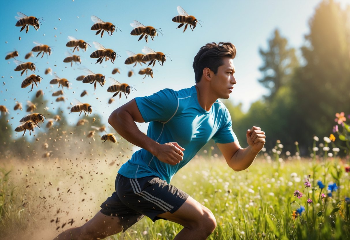 A person running through a flower-filled meadow with a swarm of bees flying closely behind them.