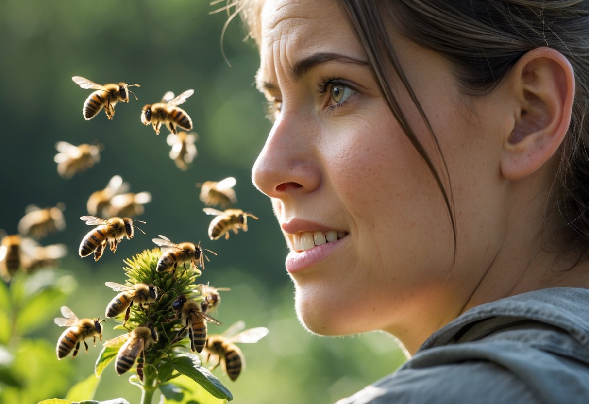 A person looking cautiously at a group of bees flying nearby outdoors.