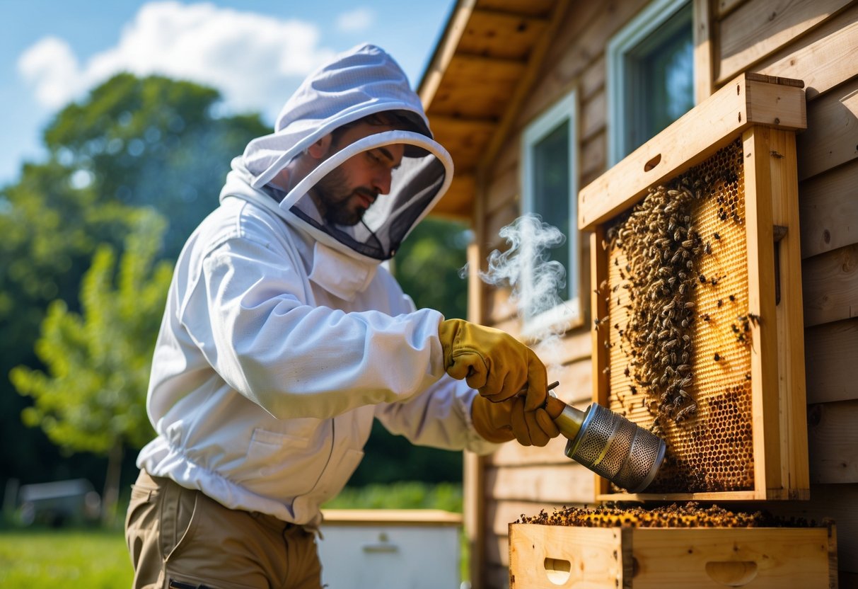 A person in protective beekeeping clothing gently removing a honey bee hive from the side of a wooden house using a smoker tool outdoors.