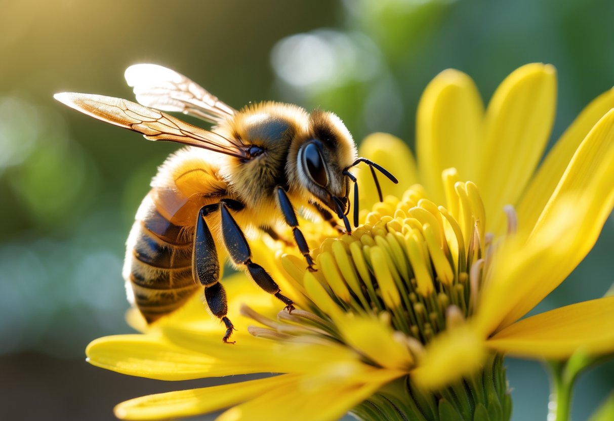 A honeybee collecting nectar on a yellow flower with green foliage in the background.