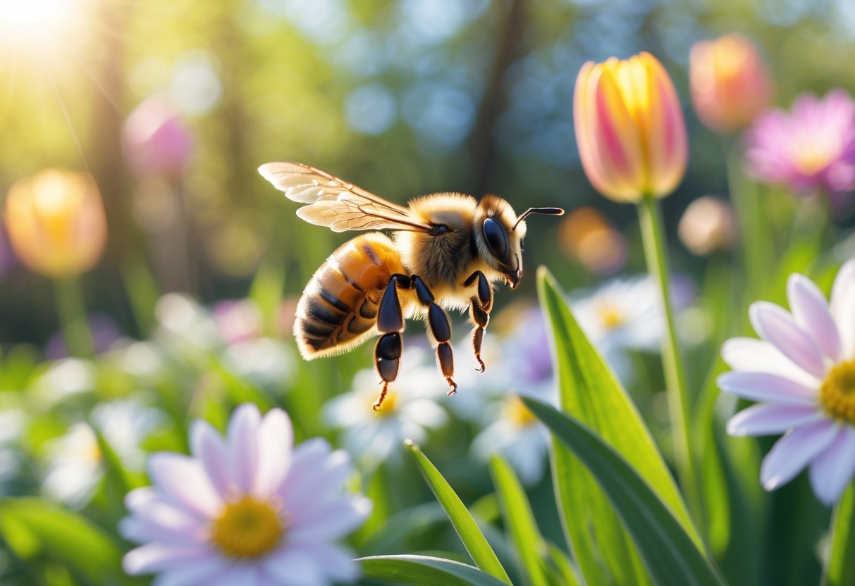 A honeybee flying near colorful spring flowers in a sunlit garden.