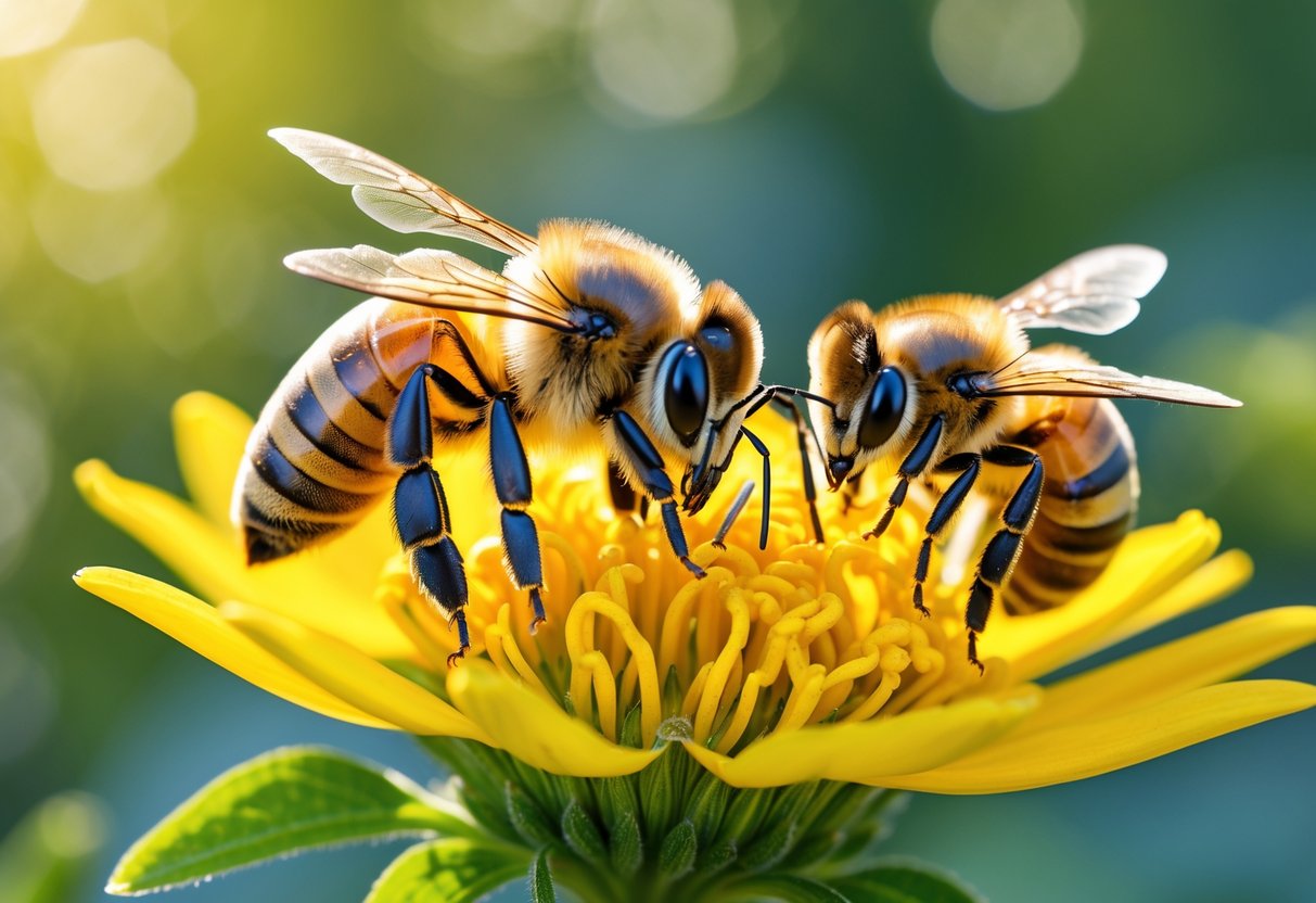 Close-up of a honey bee on a yellow flower alongside another bee, showing differences in their body features.