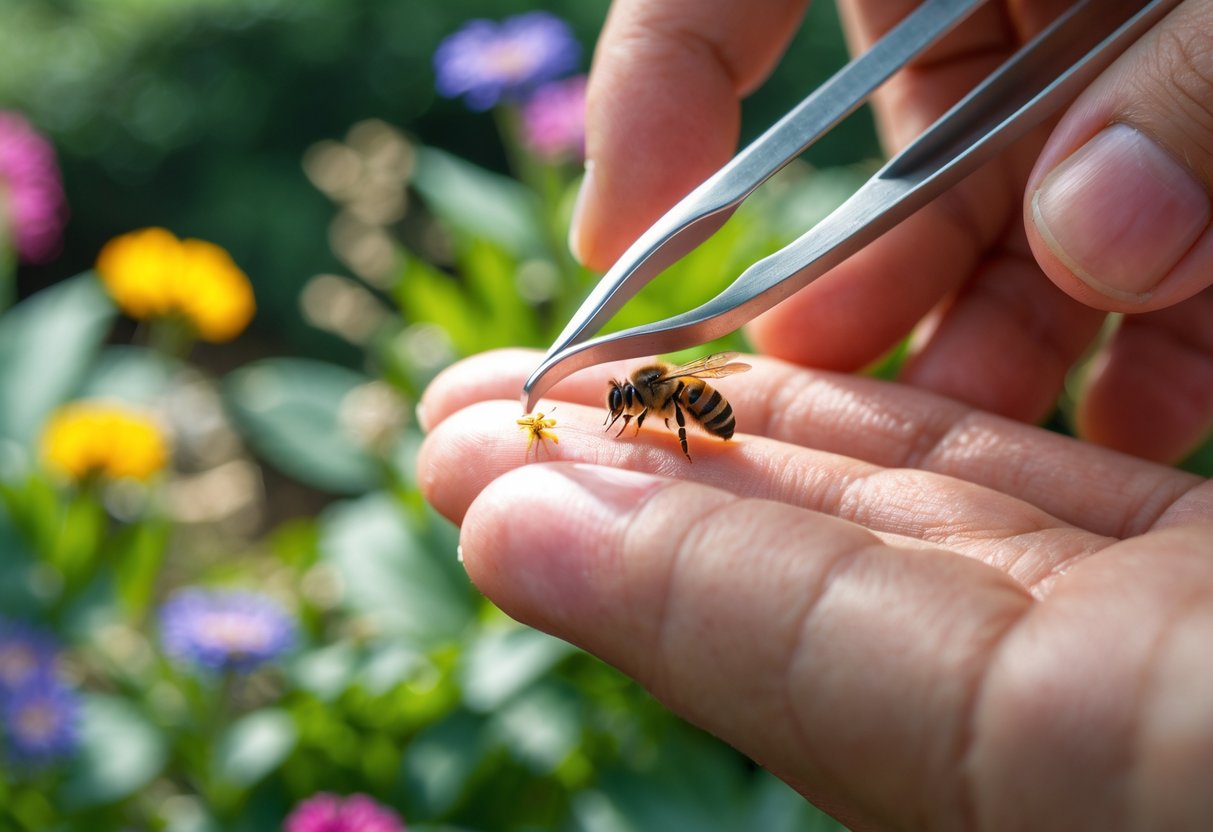 A person carefully removing a bee sting from their hand with tweezers outdoors.