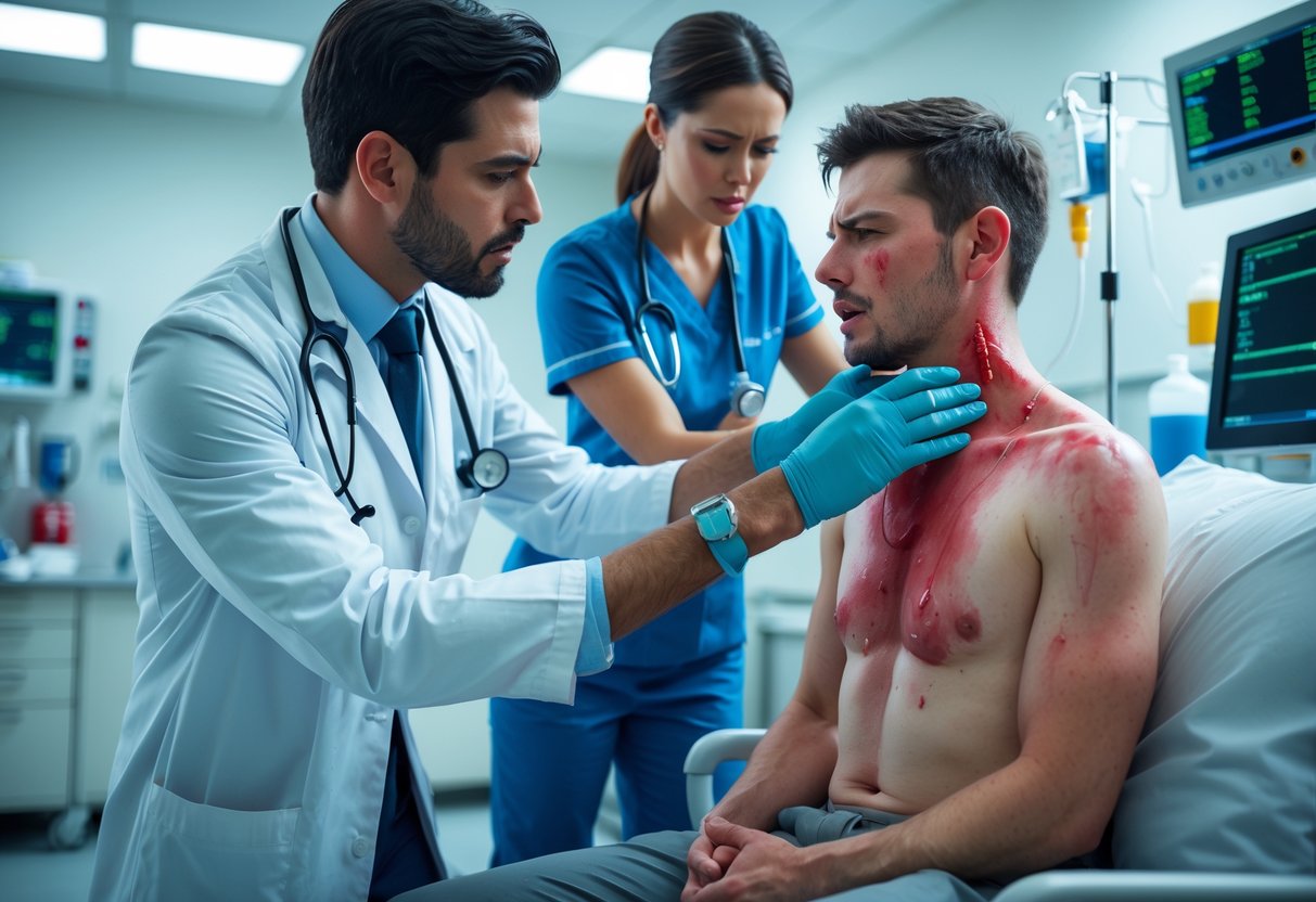 Medical professionals urgently treating a young adult patient showing signs of a severe allergic reaction in a hospital emergency room.