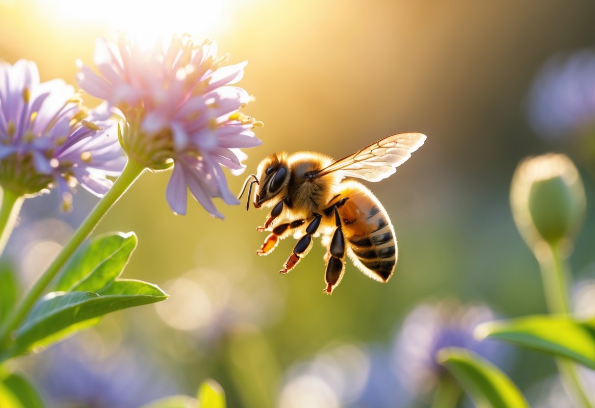 A honeybee flying near a blooming flower in bright daylight.