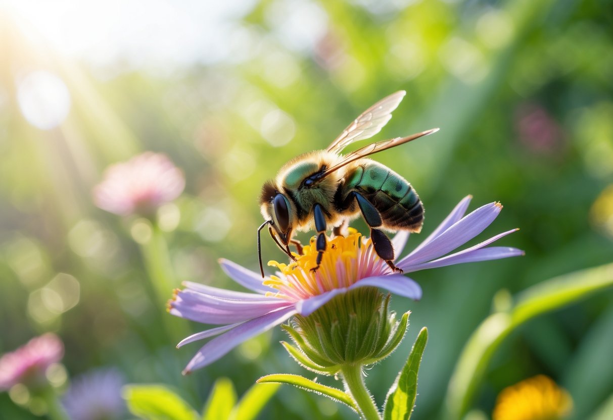 A small metallic green sweat bee resting on a colorful flower in a garden with green foliage in the background.