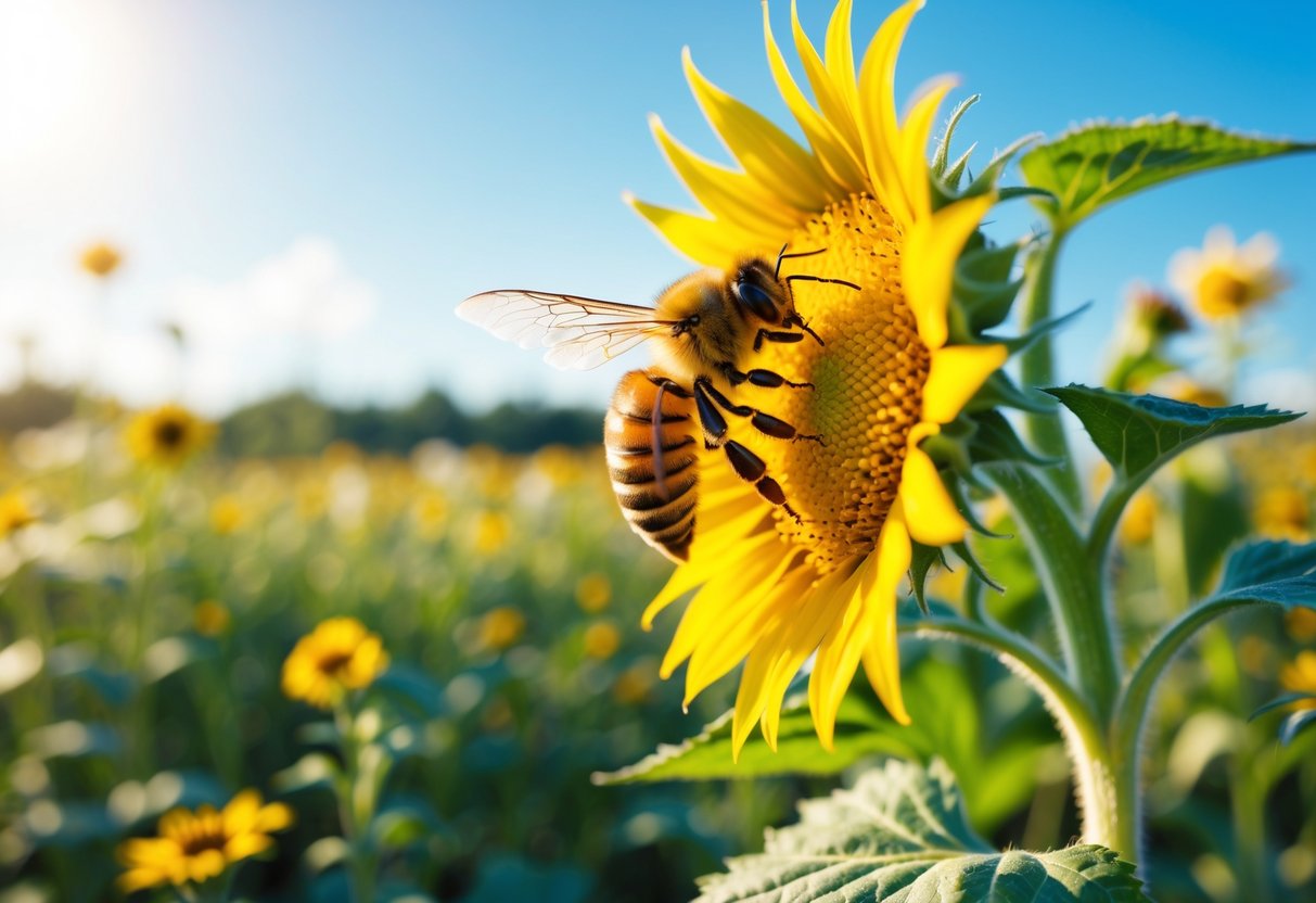A honeybee collecting nectar from a yellow sunflower in a green field of wildflowers on a sunny day.