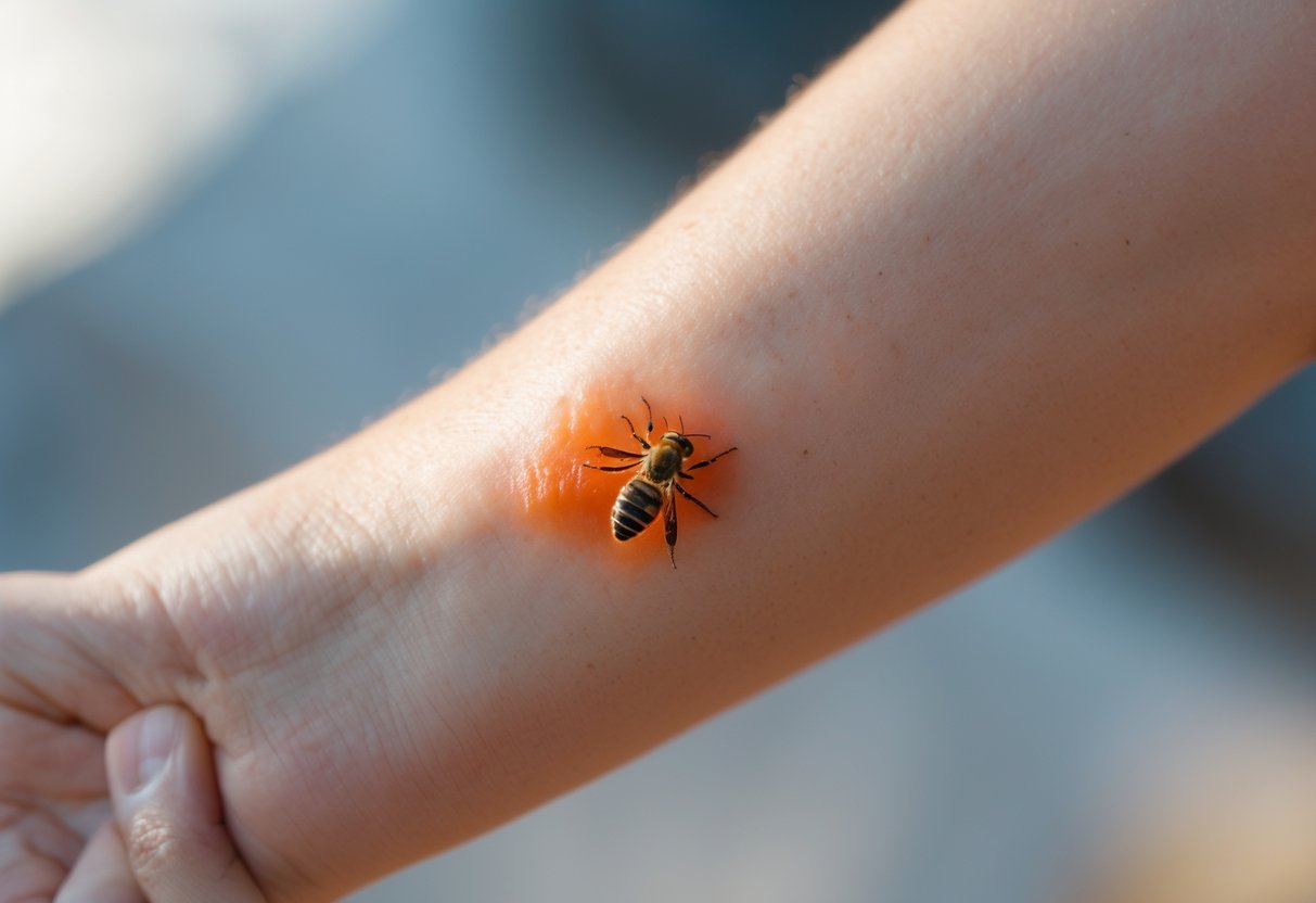 Close-up of a forearm with red, swollen skin showing a delayed reaction to a bee sting.