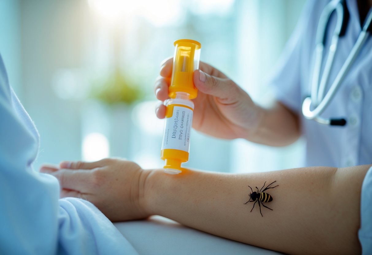 Close-up of a person's arm with a bee sting mark and another person holding an epinephrine auto-injector nearby.