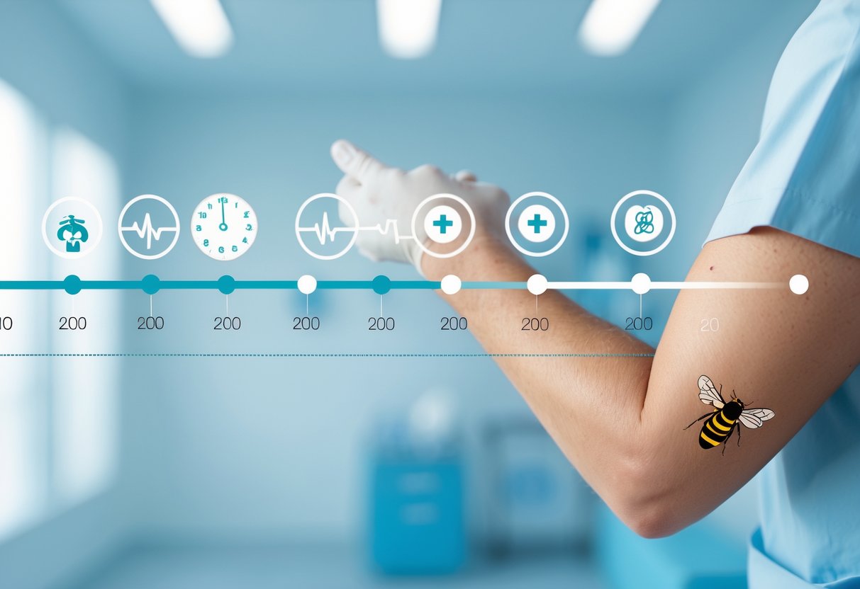 Close-up of an arm with a bee sting mark and medical icons arranged along a timeline representing the progression of anaphylaxis after a bee sting.
