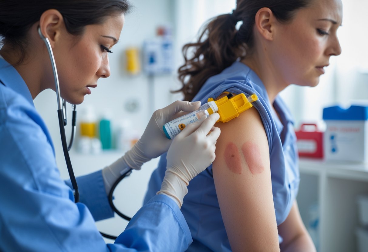 A healthcare professional administering an epinephrine auto-injector to a patient showing signs of an allergic reaction after a bee sting.
