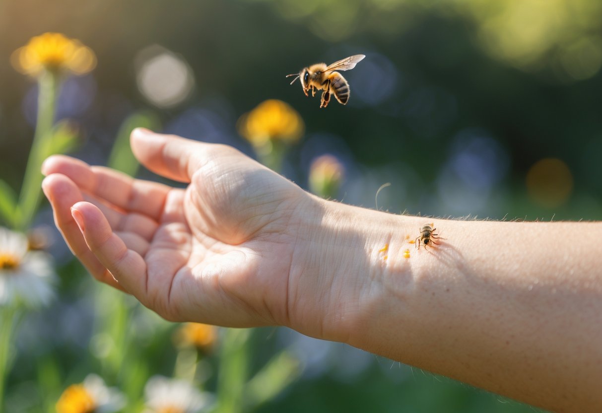 A close-up of a person's hand touching a red, swollen bee sting on their forearm outdoors with a bee flying near flowers in the background.
