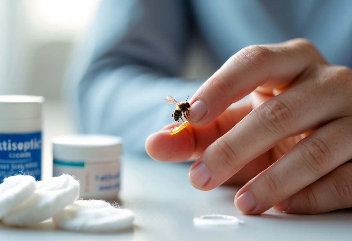 A person looking at a red bee sting on their finger with a first aid kit nearby.