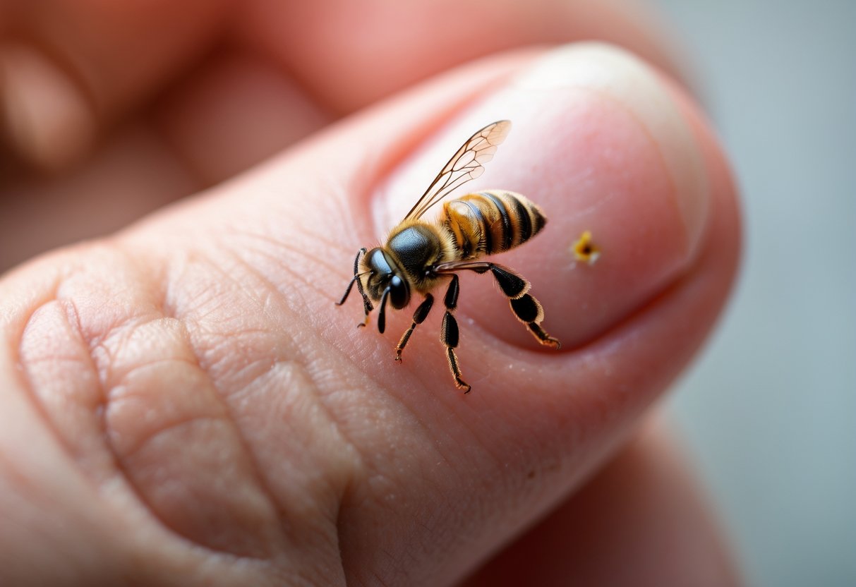Close-up of a finger with a bee stinger embedded, showing redness and swelling around the sting site.