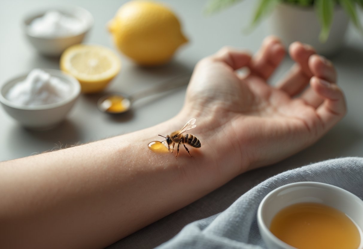 Close-up of a person's forearm with a bee stinger embedded in the skin and natural home remedy ingredients nearby.
