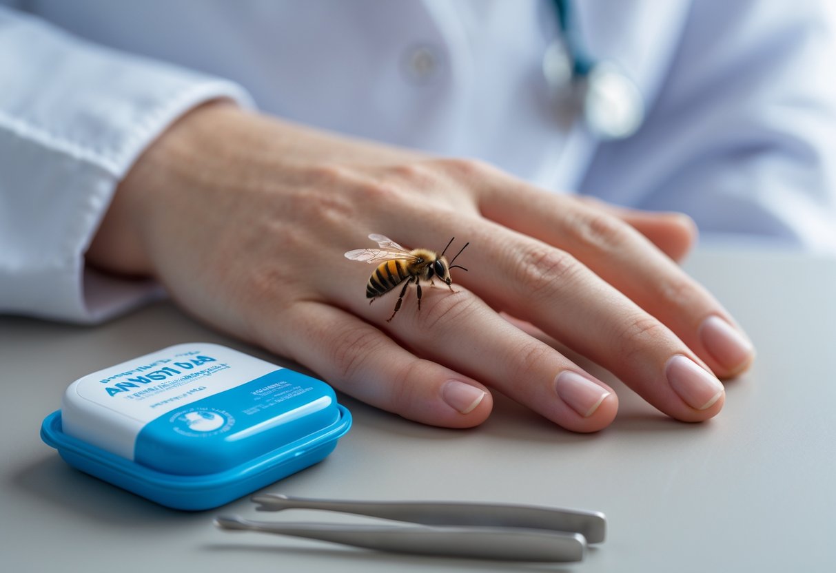 A close-up of a hand with a bee sting on the finger and a first aid kit nearby.