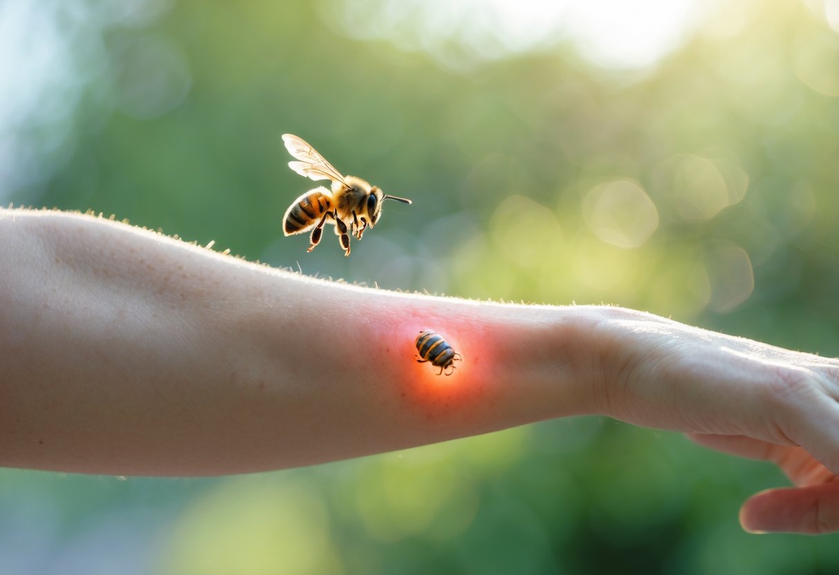 Close-up of a human forearm with a red, swollen bee sting and a honeybee flying nearby outdoors.