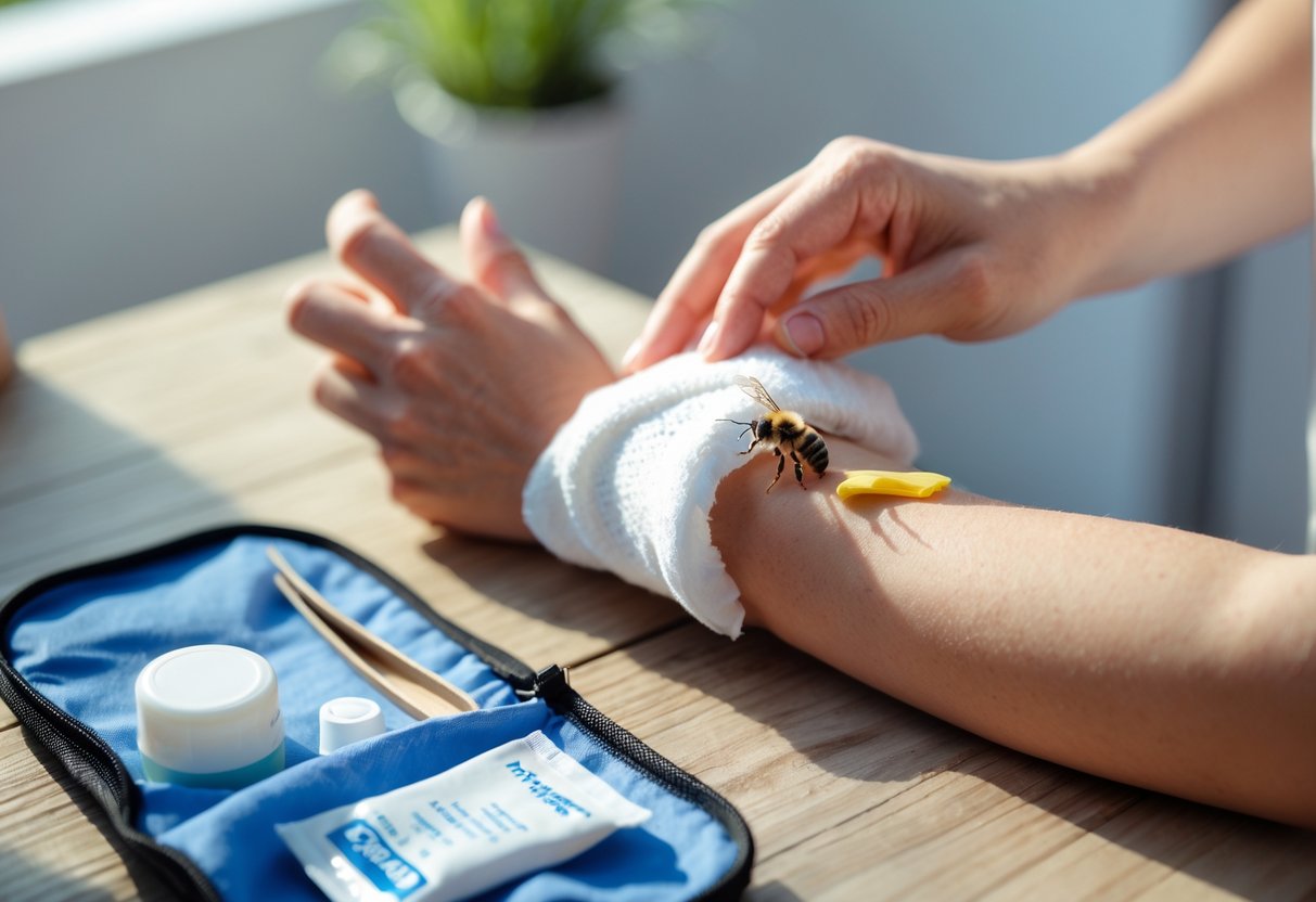 A person applying a cold compress to a bee sting on their forearm with a first aid kit nearby.