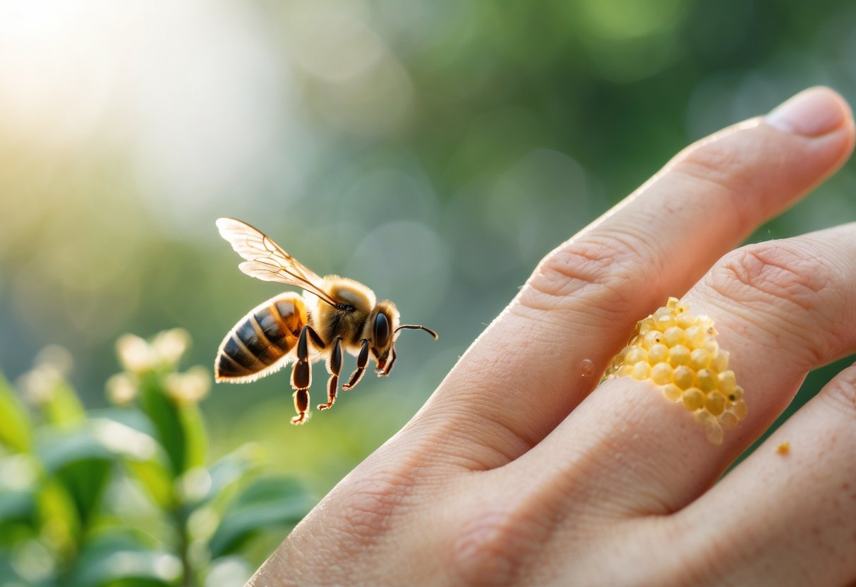 Close-up of a hand with a bee sting and a bee flying nearby in a natural outdoor setting.