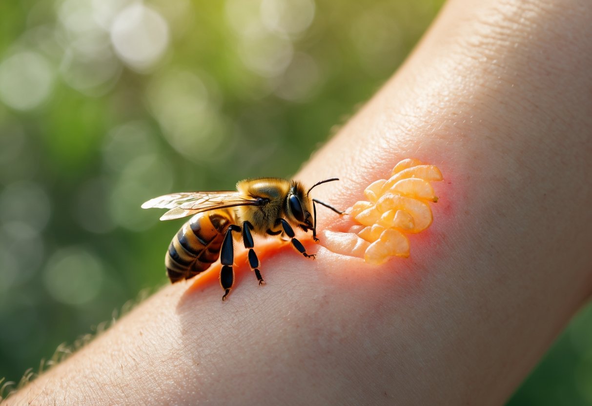 Close-up of a swollen, red area on a person's arm with a bee perched nearby.