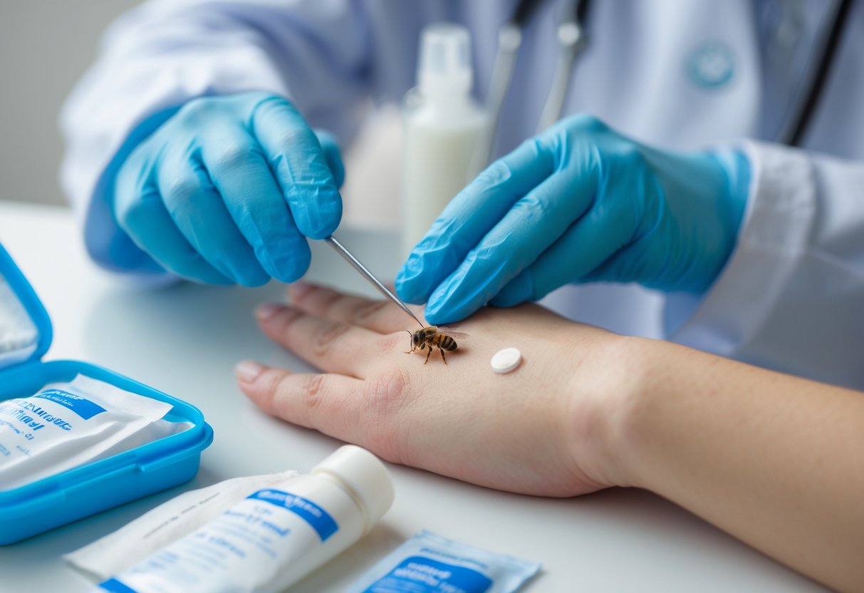 Close-up of a person’s hand being treated for a bee sting by another person using tweezers, with a first aid kit nearby.