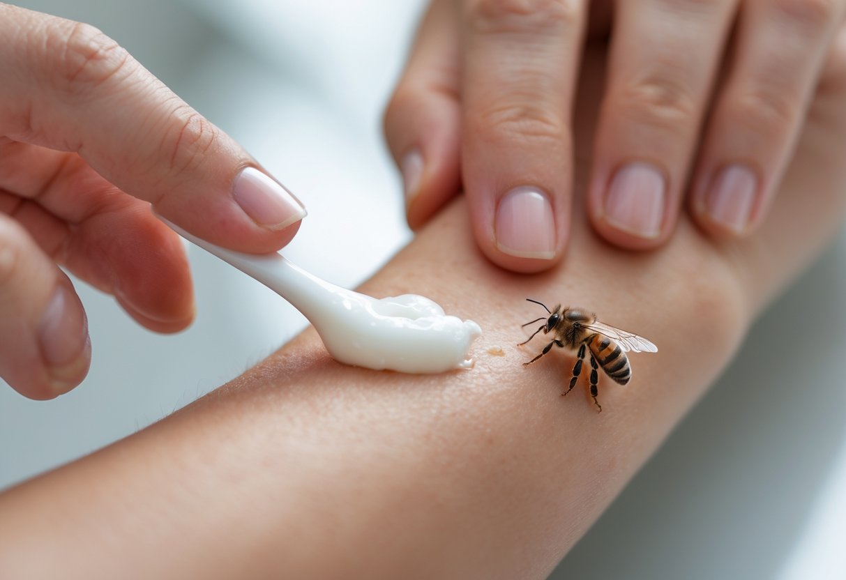 A person applying toothpaste onto a bee sting on their forearm.