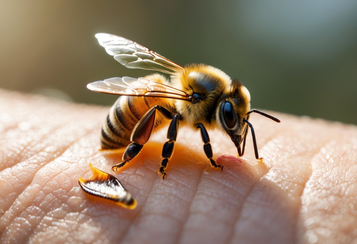 Close-up of a honeybee with its stinger embedded in human skin showing redness around the sting area.