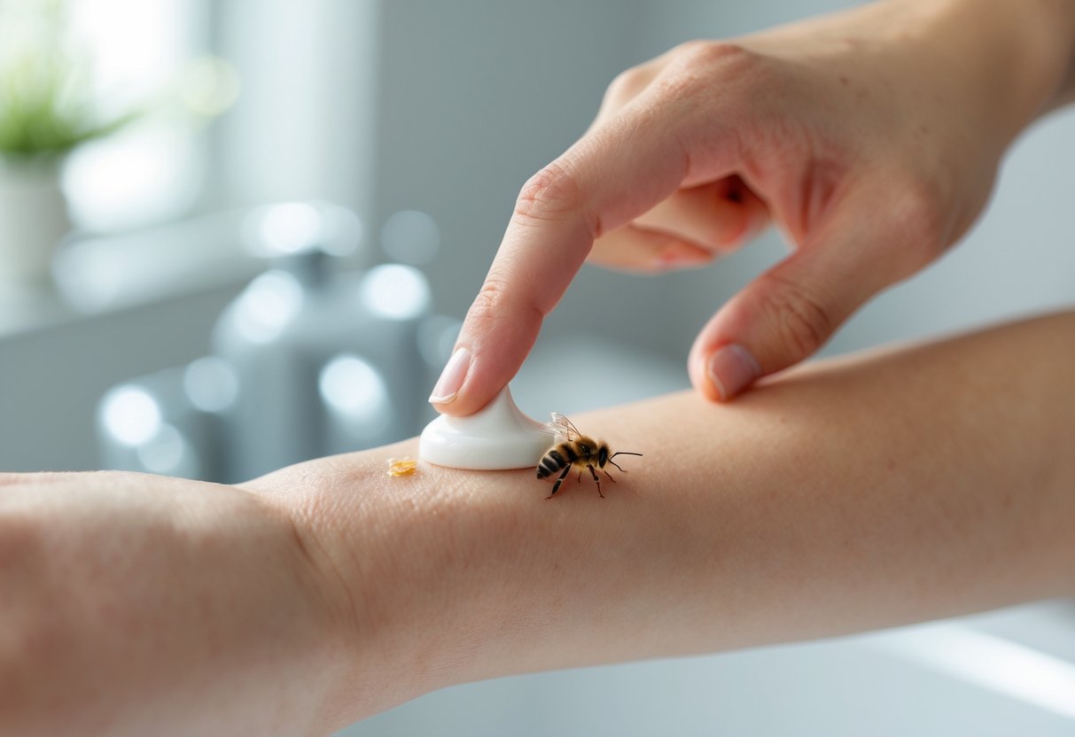 A person applying toothpaste onto a bee sting on their forearm.