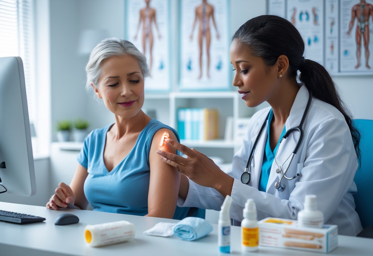 A woman consulting a doctor in a medical office while examining a bee sting on her arm.