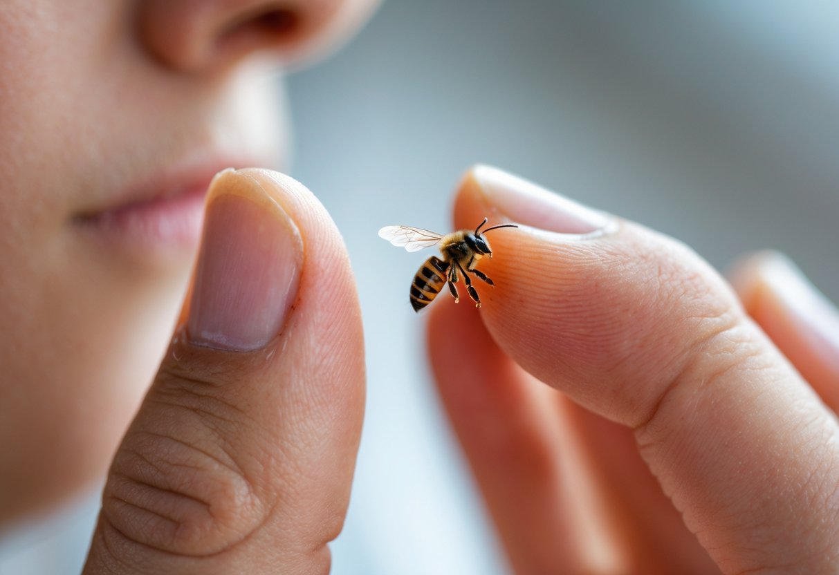Close-up of a finger with a bee stinger embedded in the skin, showing slight redness around the sting.