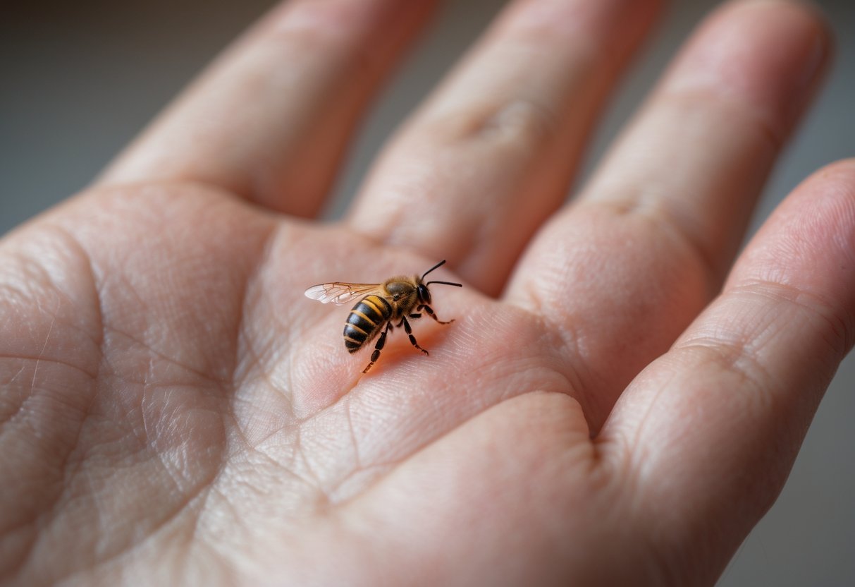 Close-up of a swollen and red human hand with a bee sting embedded in the skin.