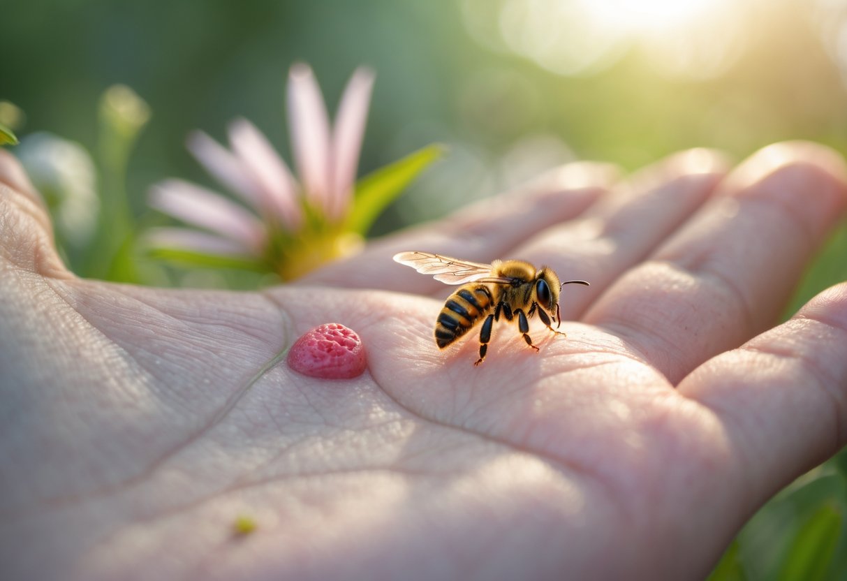 Close-up of a hand with a small red bump and a sweat bee on a nearby flower.